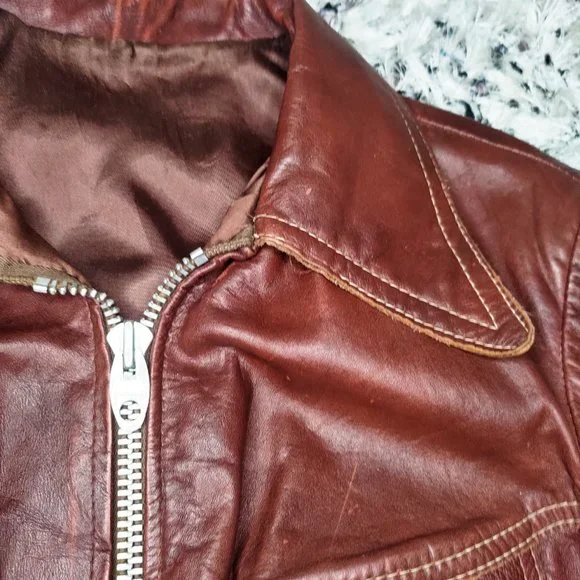 Iconic 70s Brown Leather Bomber Jacket - Picture 10 of 12